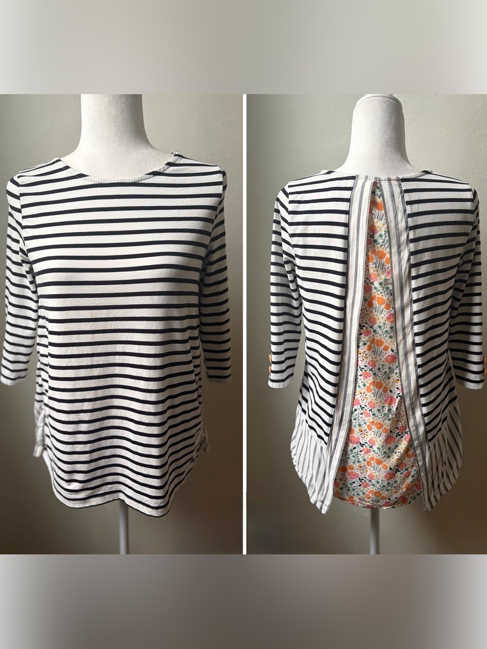 Matilda Jane Striped Top Floral Back Panel 3/4 Sleeve XS